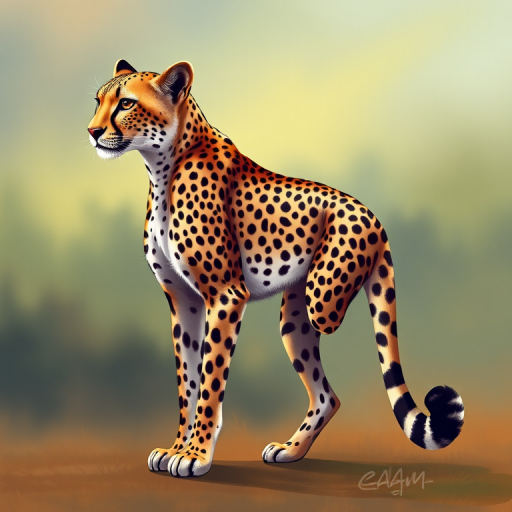 Create a high-resolution illustration of a cheetah standing confidently, side view, with a vibrant color palette and detailed fur patterns, using a digital painting style, 300 DPI, focus on sharpness and clarity, with a soft focus background to enhance the subject.
