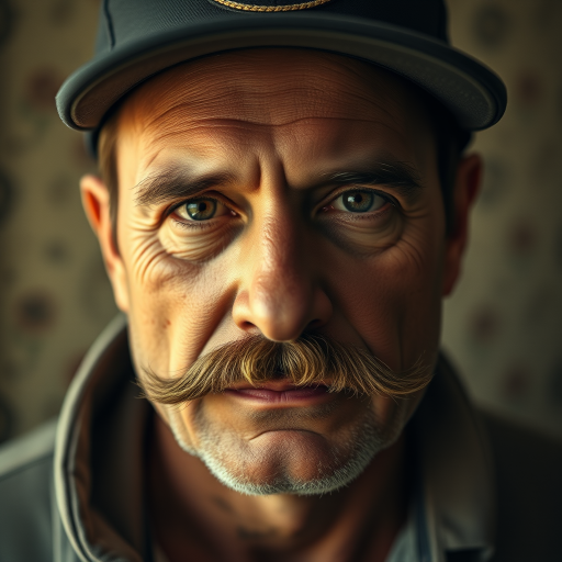 Regenerate a vintage-style portrait of a man with a mustache wearing a cap, medium close-up shot, soft lighting, DSLR camera, f/4.0 aperture, ISO 100, 50mm lens.