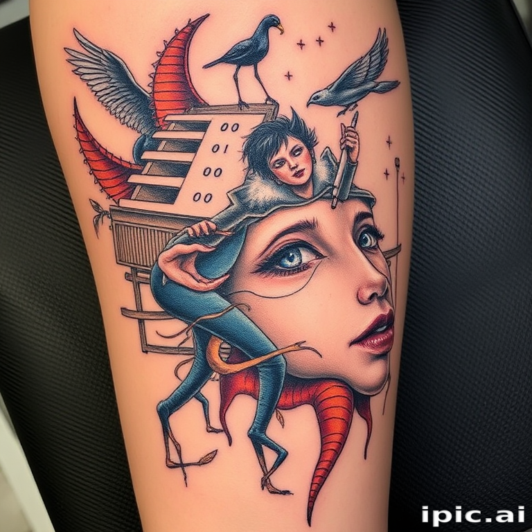Surrealist tattoo named "Dream Fusion" combining disparate elements in unexpected ways creating a dreamlike scene with distorted perspectives and impossible juxtapositions