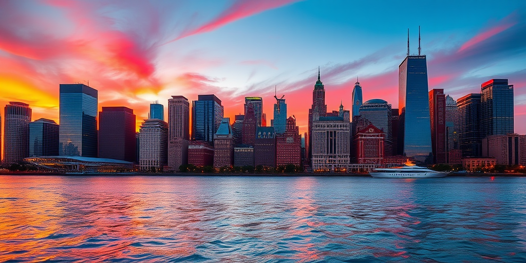 Create a vibrant and dynamic city skyline at sunset, featuring a mix of modern and historic buildings with colorful reflections in the water, captured with a Canon EOS R5, 24mm lens, f/8 aperture, 1/250s shutter speed, ISO 100, in HDR style for greater detail and contrast.