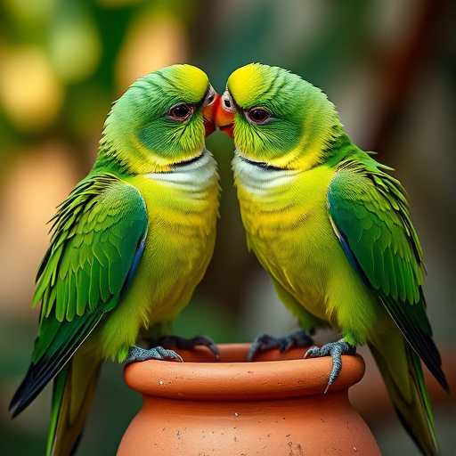 A vivid close-up of two green parrots engaging in a tender interaction perched on a clay pot, with a blurred natural background, captured with a Canon EOS R5 at f/2.8, ISO 100, shutter speed 1/200s, in natural light for enhanced detail and color.