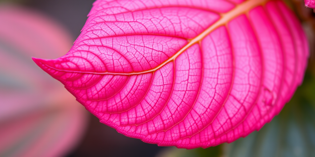 Create an enhanced image of a vibrant pink leaf with intricate details and texture, using a macro lens at f/2.8, ISO 100, shutter speed 1/200s, in natural light, captured from a slightly above perspective with a DSLR camera.