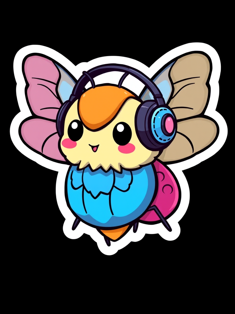 this image is sticker, Happy Colorful Moth wearing Headphones, kawaii, contour, vector, black background