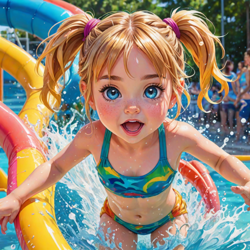 A sassy caricature toddler girl with medium highlighted hair in a messy braid, light eyes, fluffy long lashes, silly funny faces, wearing a colorful swimsuit, going down a waterslide face first, lots of water, created in highlighted chalk style, vibrant colors, background is a park with acrylic paint, airbrush