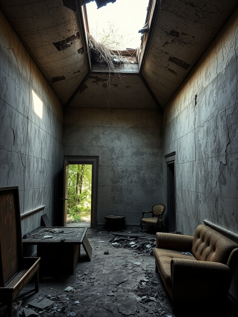 dilapidated interior of an abandoned house with cracked walls, broken furniture, and eerie shadows, natural light filtering through a broken roof, camera settings: ISO 100, aperture f/8, shutter speed 1/60s, camera view: wide-angle, camera style: moody and atmospheric, camera type: DSLR