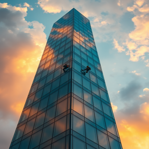 high-resolution image of a modern skyscraper with two workers on a glass facade, captured with a Canon EOS R5, 85mm lens, aperture f/8, ISO 100, shutter speed 1/200s, during golden hour with dramatic cloud coverage, emphasizing architectural details and worker activity