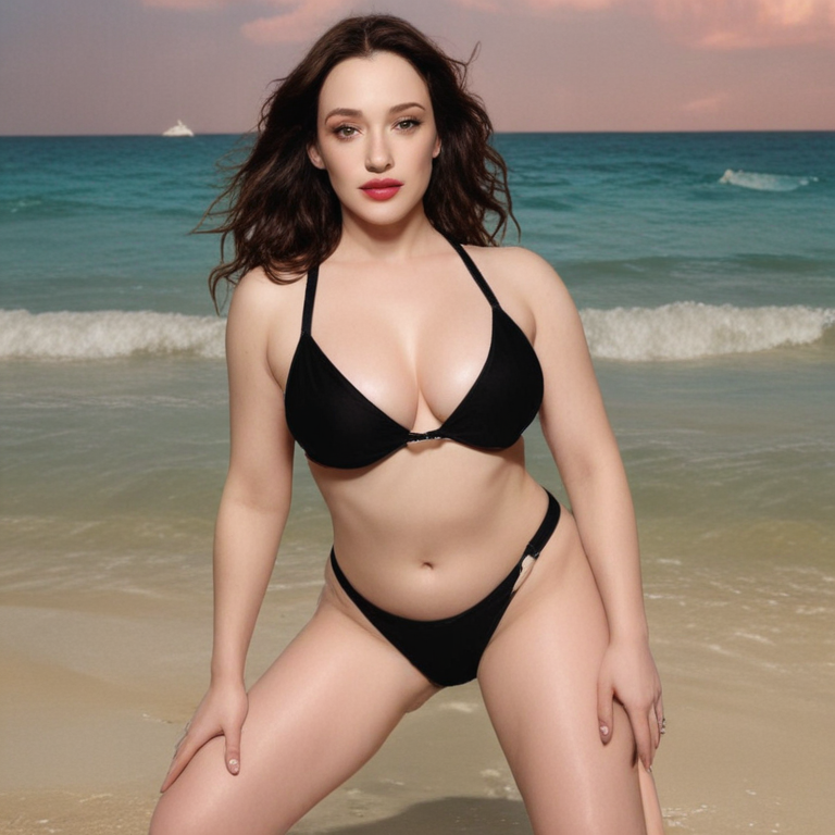 Kat Dennings in a black bikini and heels
