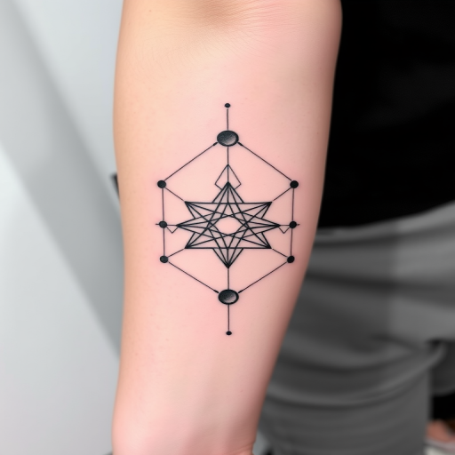 Minimalist blackwork tattoo called "Geometric Harmony" showcasing intricate geometric shapes interconnected with delicate lines, creating a mesmerizing pattern that flows seamlessly across the skin, known for its bold contrast and precision