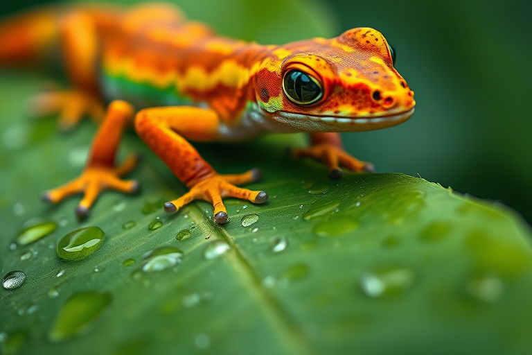 A close-up shot of a vibrant, colorful gecko resting on a dew-covered leaf, with sharp focus on its details and vivid colors, taken with a DSLR camera at f/2.8 aperture, ISO 100, 1/200 sec shutter speed, using a macro lens, in natural light for enhanced quality.
