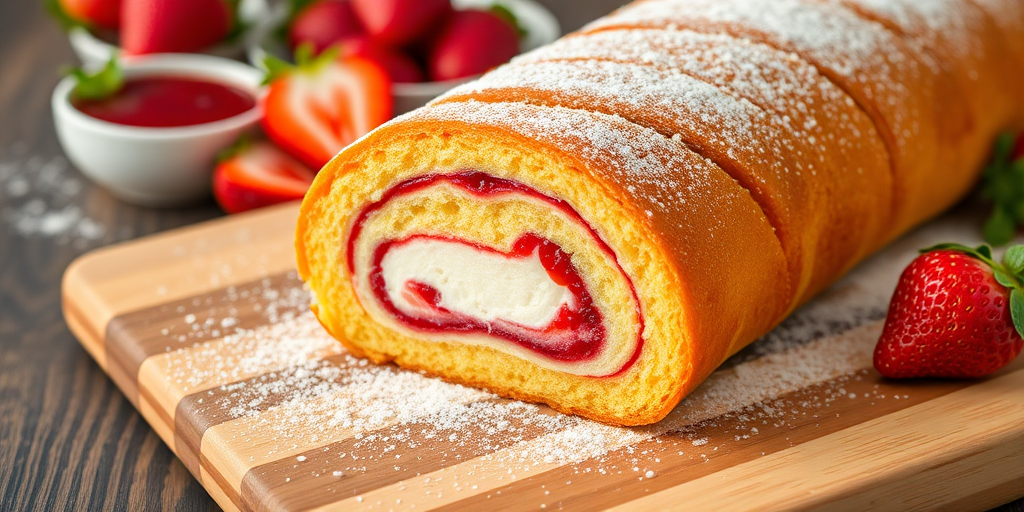 A close-up image of a freshly baked strawberry rolled cake on a wooden cutting board dusted with powdered sugar with sliced strawberries and a small bowl of jam in the background. The cake has a soft yellow sponge and a swirled filling of cream and strawberry jam.