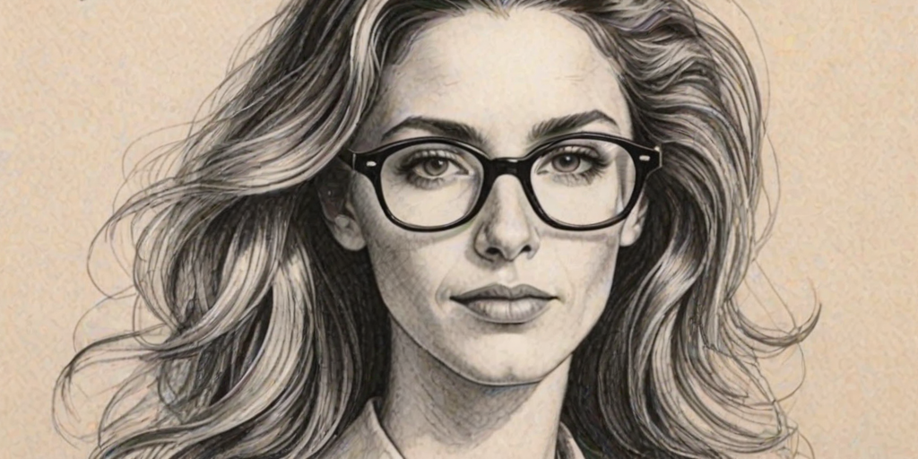 Captivating Claudia Black, pencil sketch, portrait of Appealing woman 1970s in glasses, hair style beatnik, outline, clear lines, fine lines, 8k