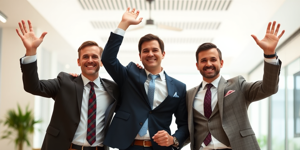 Generate an image of three well-dressed men standing together in a celebratory pose with their arms raised, using a Canon EOS R5 with a 50mm lens, f/1.8 aperture, ISO 100, and a high dynamic range to enhance color vibrancy and detail, shot in a bright, well-lit environment with a shallow depth of field.