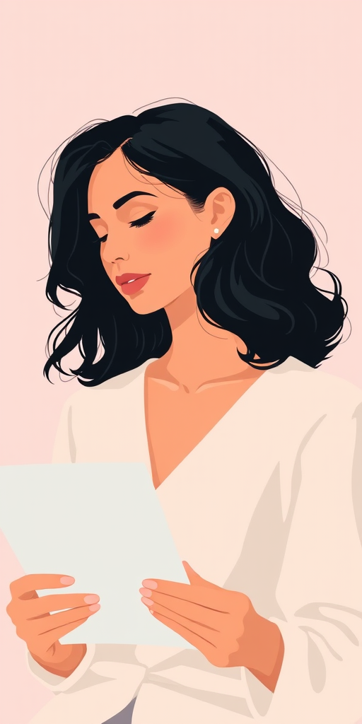 Create a high-resolution illustration of a contemplative woman reading a document, soft pastel color palette, with an emphasis on clean lines and minimalistic style, shot with a Canon EOS R5 at f/4, ISO 100, 50mm lens, natural lighting, side view composition.