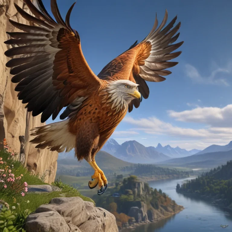 Majestic Eagle Soaring Over a Serene Mountain Landscape with River Below