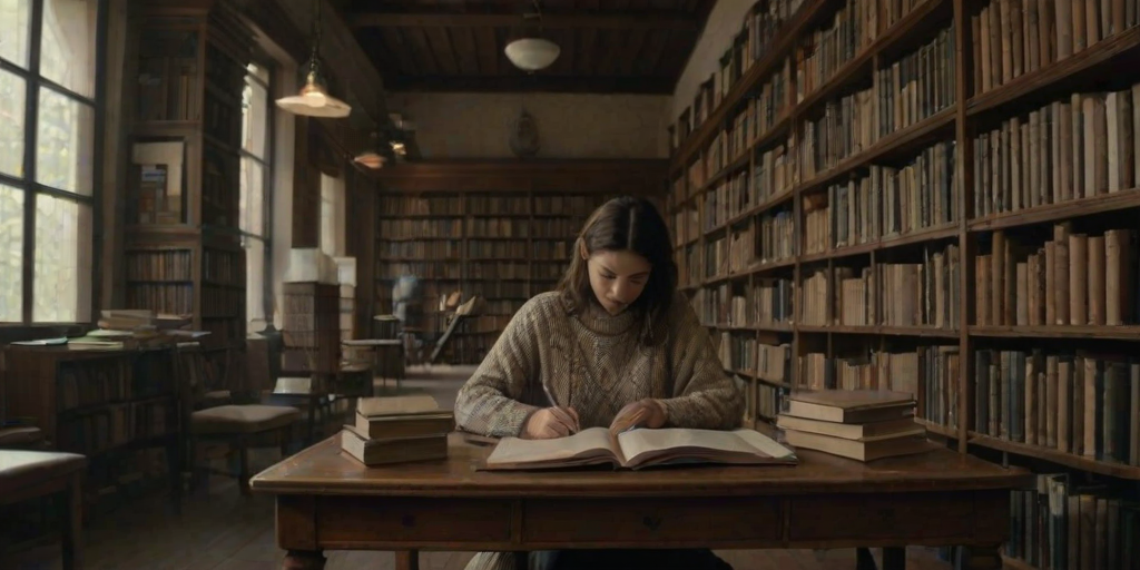 Quiet library filled with old books and high ceilings, a woman in a cozy sweater sits at a wooden desk, surrounded by stacks of dusty volumes.