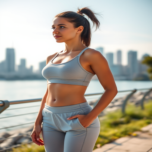 A fit woman in a light gray athletic outfit standing by a riverbank with a skyline in the background during the day, captured with a Canon EOS R5, 50mm lens, f/1.8 aperture, ISO 100, and a bright natural light setting at a 1/250 second shutter speed for enhanced clarity and sharpness.
