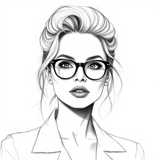 Beautiful Margot Robbie, pencil sketch, portrait of beautiful woman 60s in glasses, hair style beatnik, outline, clear lines, fine lines, 8k