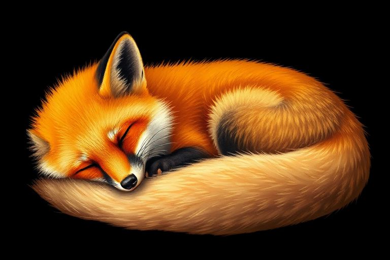 Create a detailed illustration of a sleeping fox curled up, vibrant orange fur contrasted against a black background, soft warm lighting to enhance texture, with a Canon EOS 5D Mark IV, aperture f/2.8, ISO 100, and a focal length of 50mm.