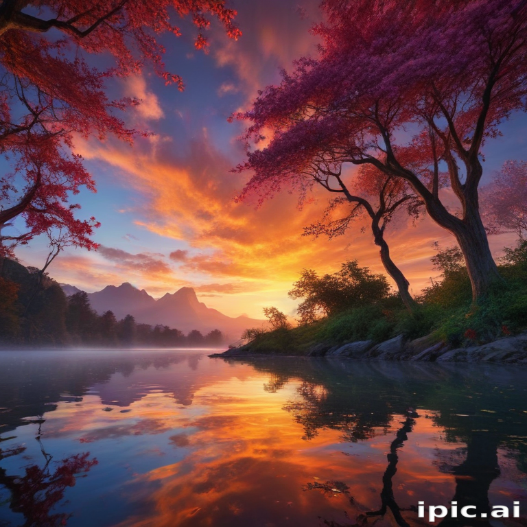 Serene Sunset Over Calm Waters Surrounded by Vibrant Pink Trees