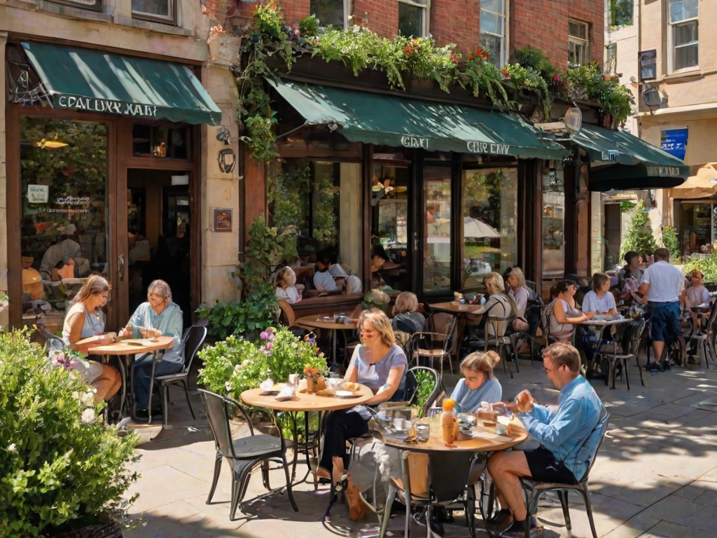 Charming cafepatio, with patrons enjoying coffee and pastries, plants and flowers adding vibrancy, and sunlight casting dappled shadows on the tables, creating an inviting scene.