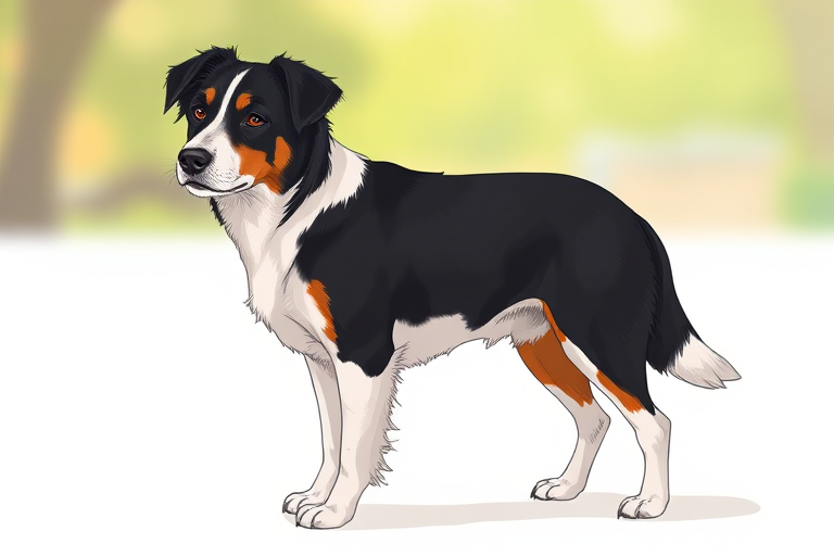 Create a high-resolution illustration of a standing dog with a black and white coat, using a DSLR camera style, 50mm lens, f/2.8 aperture, ISO 100, 1/200 sec shutter speed, natural lighting, and a slight bokeh background to enhance focus on the dog.