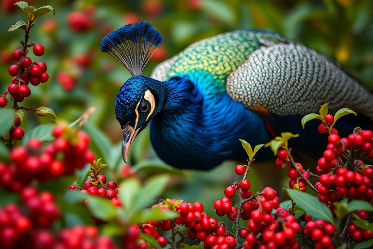 close-up of a peacock foraging in a lush garden filled with red berries, shallow depth of field, 50mm lens, f/1.8 aperture, ISO 200, natural light, DSLR camera