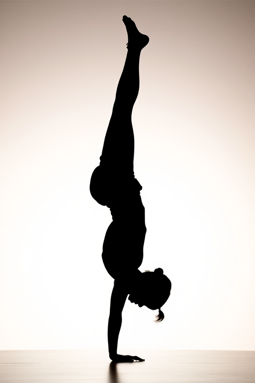 Create a high-resolution silhouette image of a person in a handstand position with a neutral background, using a Canon EOS R5 camera, 35mm lens, f/2.8 aperture, ISO 100, 1/500 sec shutter speed, and a slight top-down view for depth.