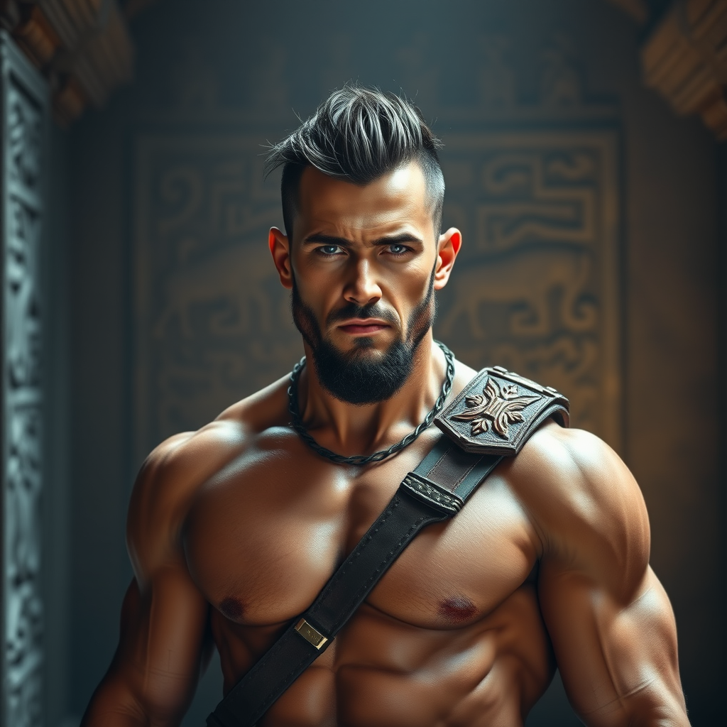 Create a hyper-realistic portrait of a muscular warrior standing confidently in a dimly lit ancient setting with intricate background carvings, using a DSLR camera at f/1.8, ISO 100, and 50mm lens for sharp focus and depth of field, captured from eye level with soft lighting to enhance skin texture and details.