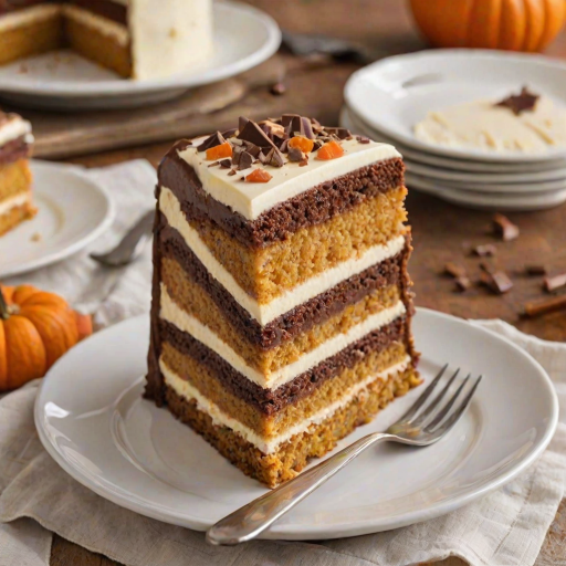Generate an image of a slice of layered cake. The cake should have three distinct layers: a rich chocolate layer at the top, a creamy vanilla layer in the middle, and a moist pumpkin layer at the bottom. The frosting should be smooth and creamy, with a light brown color, and the slice should be presented on a simple white plate. The background should be softly blurred to keep the focus on the cake.