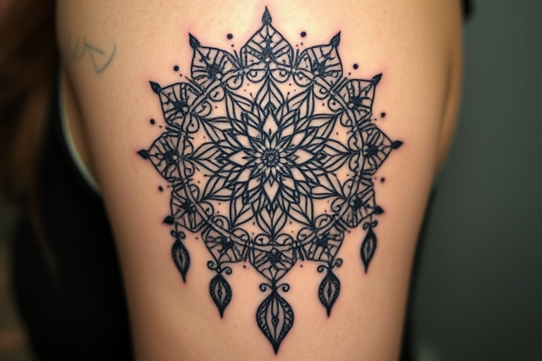 Ornamental blackwork tattoo showcasing intricate lace-like patterns and mandalas forming a dreamcatcher design, with meticulous dotwork shading, called "Ethereal Catcher"