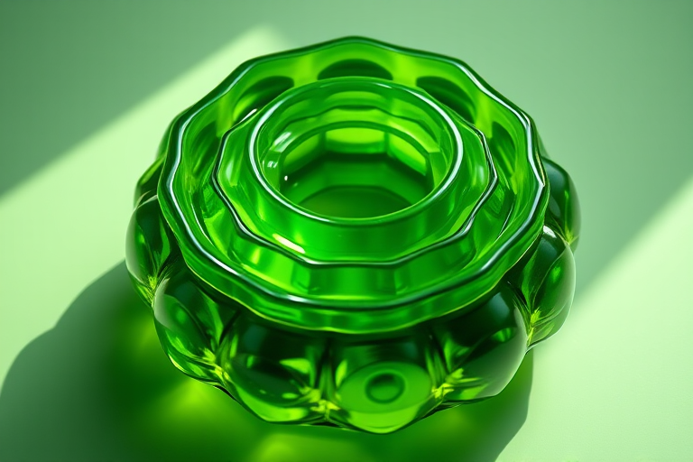 Create a highly detailed 3D render of a green jelly-like object with circular layers and shadows, using a Canon EOS R5 camera, 50mm lens, f/2.8 aperture, 1/100s shutter speed, ISO 100, soft lighting to enhance texture and color vibrancy.