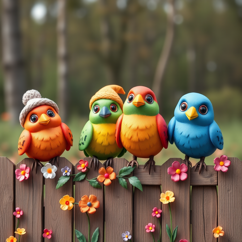 create a scene of 4 quirky  whimsical colourful comical birds each with a funny expression. they are sat on a wooden fence with colourful flowers. they are all different sizes. each one is a different colour  one is wearing a woolly hat. Each one has a different quirky google expression and there is a muted background of trees watercolour paintierly style high definition 8k resolution 3D paper mache