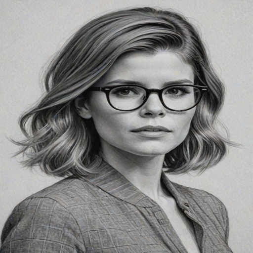 Fascinating Kate Mara, pencil sketch, portrait of Captivating woman 1957s in glasses, hair style beatnik, outline, clear lines, fine lines, 8k