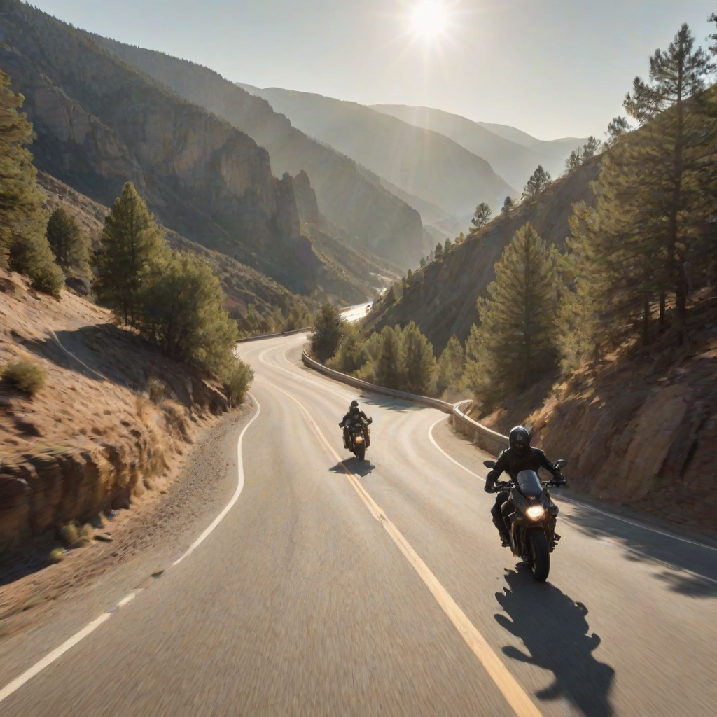 Blurry, high-speed photo of a motorcyclist racing down a winding mountain road, trees and cliffs whizzing by, bright afternoon sun casting long shadows, a cloud of dust trailing behind, a distant view of a deep valley below.