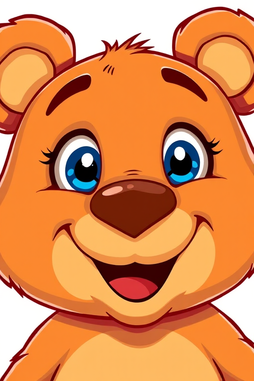 Create a vibrant, cartoon-style illustration of a friendly bear character with large blue eyes and a cheerful expression, using a digital illustration technique, captured with a high-resolution camera setting (ISO 100, f/8, 1/250 sec), in a 45-degree angle view to enhance depth and detail.