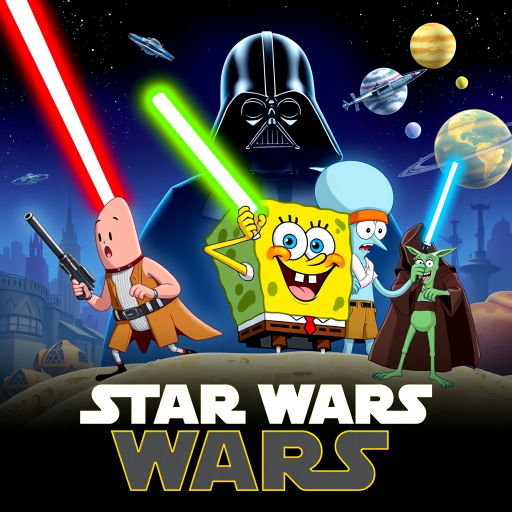 Create a parody of the Star Wars poster with SpongeBob as Luke Skywalker, holding a glowing spatula like a lightsaber. Patrick Star takes the role of Han Solo, holding a blaster, while Squidward is Obi-Wan Kenobi, draped in robes. In the background, Plankton appears as Darth Vader, with Bikini Bottom’s landmarks reimagined as spaceships and planets. The iconic Star Wars logo is swapped for "Sponge Wars," creating a playful, sci-fi adventure scene.