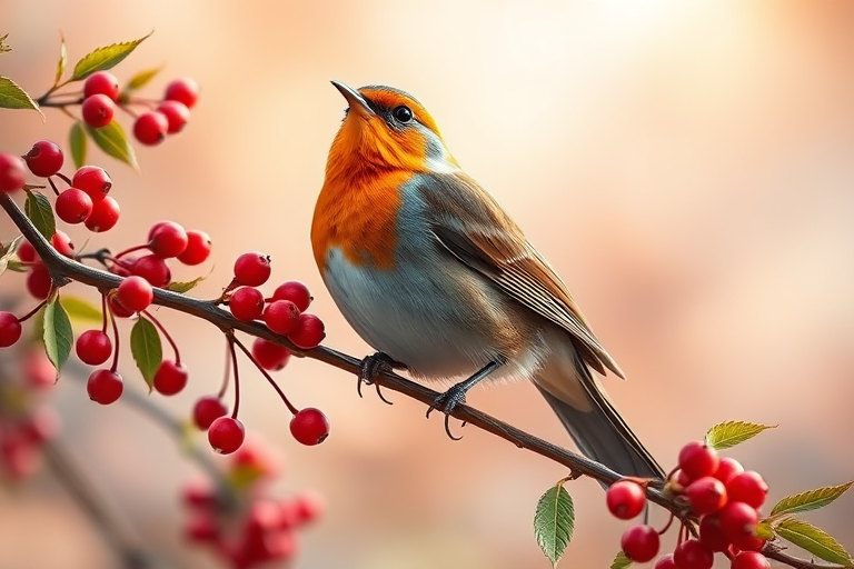 Regenerate a vibrant, detailed illustration of a singing bird perched on a branch with berries in a soft-focus background, using a DSLR camera with a 50mm lens, f/1.8 aperture, ISO 100, natural light, shot from a slight lower angle for depth.