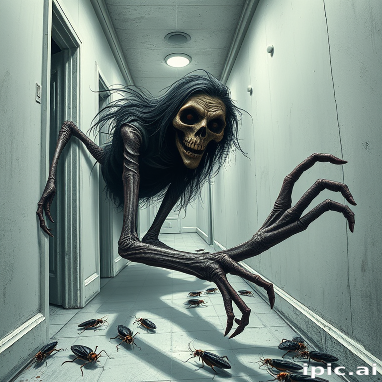 a crooked woman with long arms and a creepy smile is crawling along a long white corridor and you can also see cockroaches in it there is a creepy atmosphere creepy art style