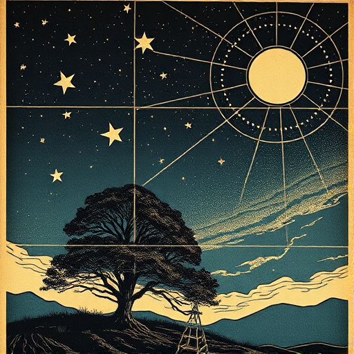 Create a detailed woodcut style illustration of a celestial scene showing the sky divided into day and night, with stars, the sun, and a tree in the foreground, captured with a vintage camera using a 50mm lens, f/8 aperture, ISO 100, with soft natural lighting for enhanced texture and clarity.
