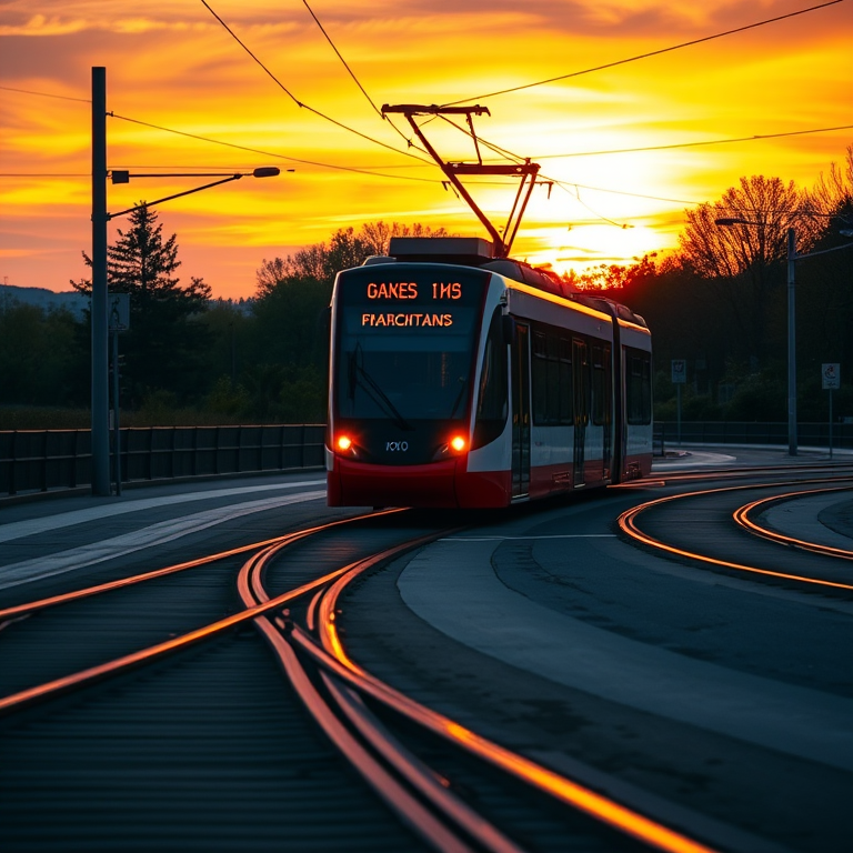 regenerate the image of a tram on a curved track during sunset with vibrant orange and yellow hues in the sky, with a low angle perspective, taken with a DSLR camera at f/5.6 aperture, ISO 100, 1/200 sec shutter speed, in landscape mode to enhance image quality and sharpness