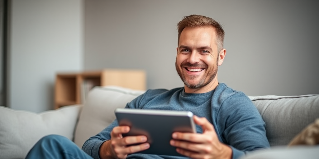 portrait of a smiling man sitting on a couch, holding a tablet, natural light, soft focus, DSLR camera, 50mm lens, aperture f/2.8, ISO 200, shallow depth of field, warm color tone