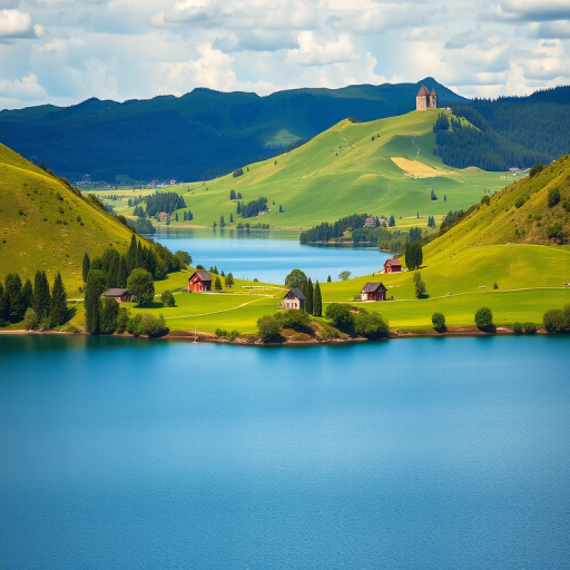 Generate a vibrant landscape image of a serene lake surrounded by lush green hills and scattered houses, shot with a Canon EOS 5D Mark IV at f/8, ISO 100, 1/200s, using a wide-angle lens to capture the expansive scenery from a slightly elevated viewpoint.