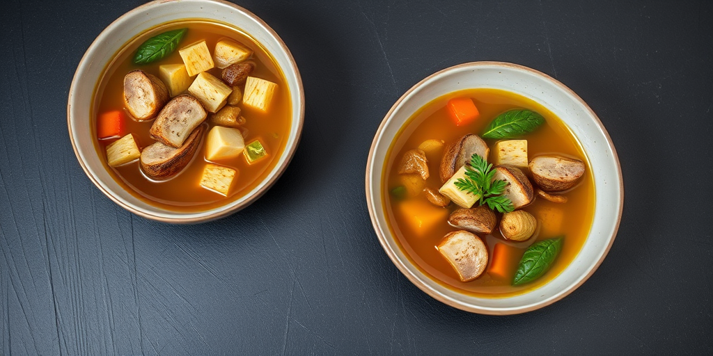 Capture a high-resolution image of two bowls of soup with vegetables and meat, one in a light-colored bowl and the other in a dark bowl, placed on a dark textured surface, with natural soft lighting, shallow depth of field, using a Canon EOS R5, 50mm lens, f/1.8, ISO 100, 1/125 sec, top-down view.