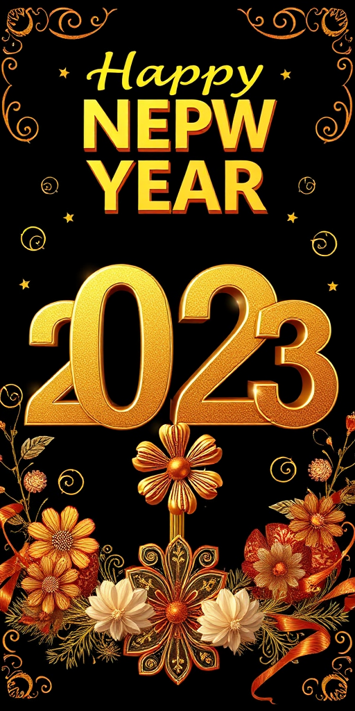 Create a vibrant new year greeting with the year 2023 in gold metallic 3D letters, adorned with ornate decorations and a rich black background, using a DSLR camera with a 50mm lens, f/2.8 aperture, ISO 100, and a balanced lighting setup for enhanced detail and color richness.