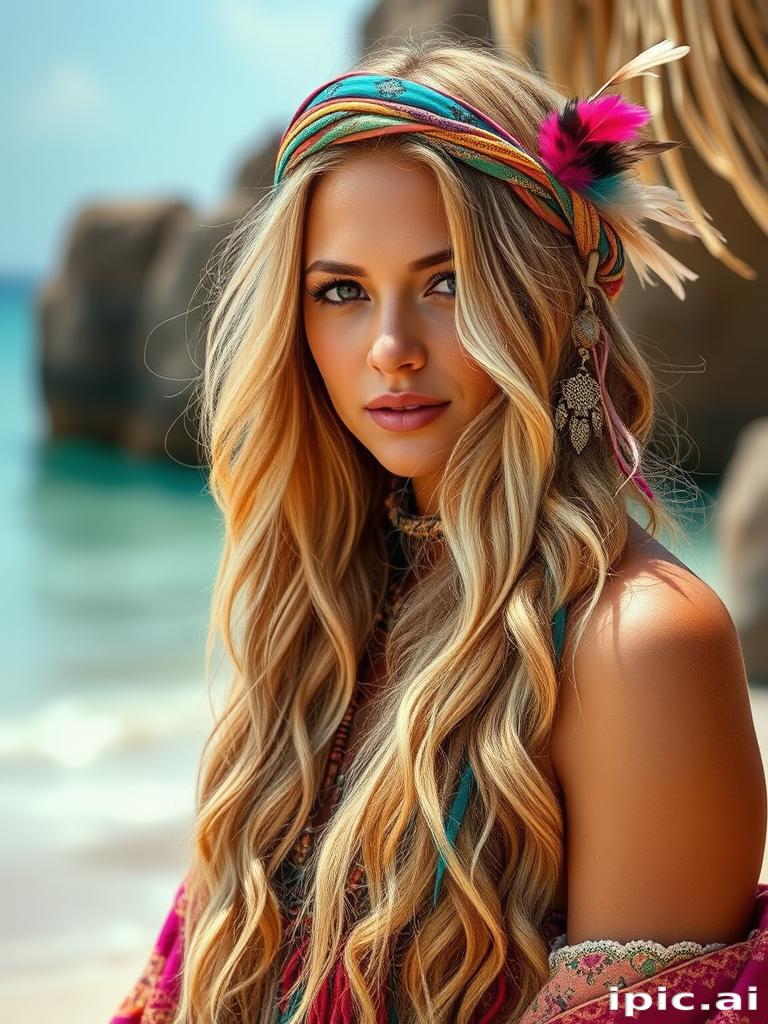 Bohemian free spirit with long, beachy waves in a sun-kissed blonde hue, adorned with colorful fabric wraps and feather accessories