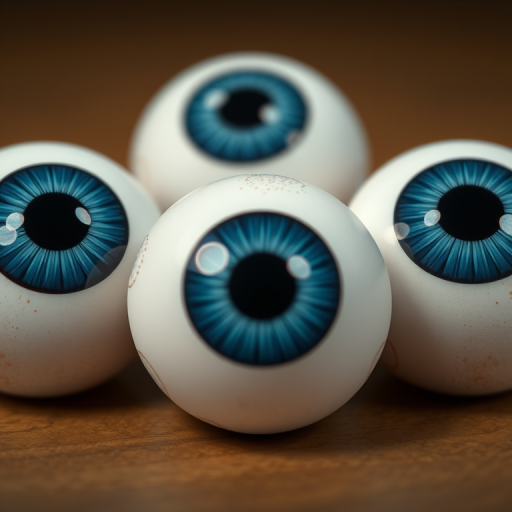 Create a high-resolution image of three cartoonish eyeballs with prominent blue irises and black pupils, ensuring realistic texture and shadow effects, using a DSLR camera with a 50mm lens, f/1.8 aperture, ISO 100, soft natural lighting, and a macro view to enhance detail and clarity.