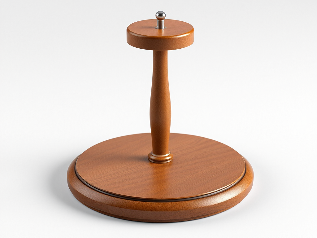 Create a highly detailed 3D rendering of a wooden display stand with a polished finish, showcasing a round base and a central post holding a round top with a metallic pin, captured with a DSLR camera at f/2.8, ISO 100, 50mm lens, in a studio setting with soft diffused lighting to enhance texture and depth.