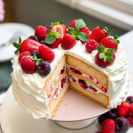 A beautifully decorated layered cake with fresh strawberries and raspberries on top surrounded by whipped cream, showcasing a slice removed to reveal the cake's interior layers of sponge and berry filling.