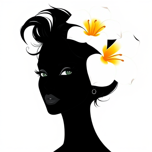 Create a high-quality vector illustration of a woman with a stylish black silhouette, featuring a confident expression and two large white flowers with yellow centers on her head, using a Canon EOS R5, aperture f/2.8, ISO 100, 50mm lens, soft focus background for depth.