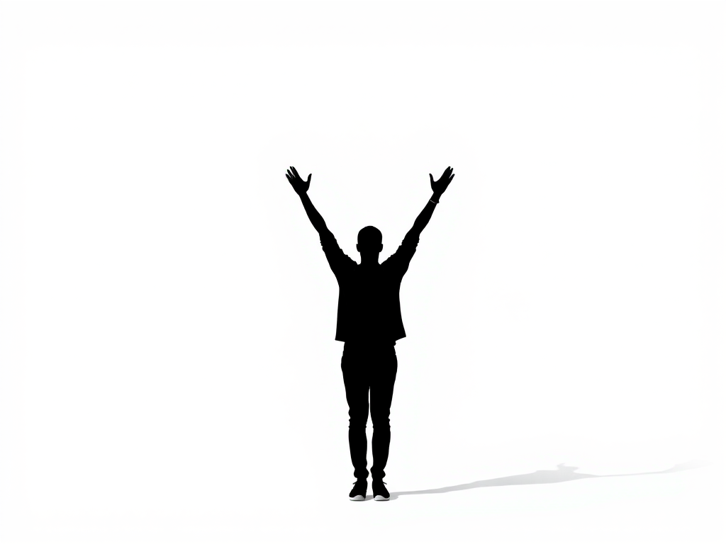 Generate a minimalist black silhouette of a person standing with their arms raised on a plain white background, using a DSLR camera with a 50mm f/1.8 lens, aperture set to f/2.8, ISO 100, and shutter speed of 1/250 sec, captured from a frontal view in natural daylight for enhanced clarity.